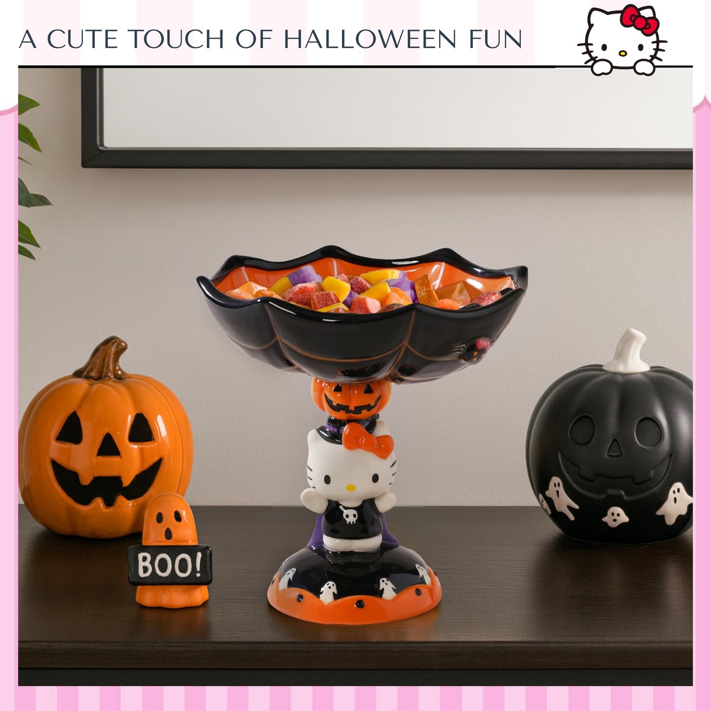 Blue Sky Clayworks HELLO KITTY Spider Web Pedestal Candy Bowl, Ceramic 8" L x 8" W x 9" H, Halloween Party Centerpiece