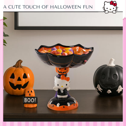 Blue Sky Clayworks HELLO KITTY Spider Web Pedestal Candy Bowl, Ceramic 8" L x 8" W x 9" H, Halloween Party Centerpiece