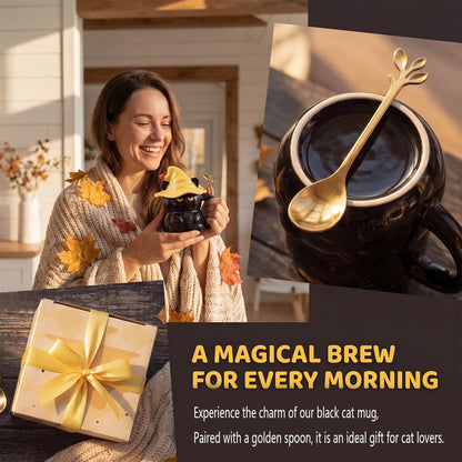 Umcnoi Cat Ceramic Coffee Mug - 15oz Cute Cat Lover Gift For Women - Funny Kitty Tea Cup With Spoon & Wizard Hat Lid - Cats Gifts For Women & Daily Use (Black)