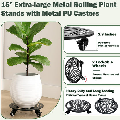 2 Pack 15 inches Extra-Large Metal Plant Caddy with Wheels Heavy-Duty Iron Rolling Plant Stand with Casters Indoor Outdoor Wheeled Plant Roller Base Pot Movers Plant Dolly Coaster Trolley Black