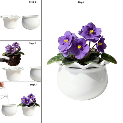 Sanmudecor Self Watering Planter Pot for African Violets, White Ceramic Indoor Plant Pot with Bottom Watering System, 7"