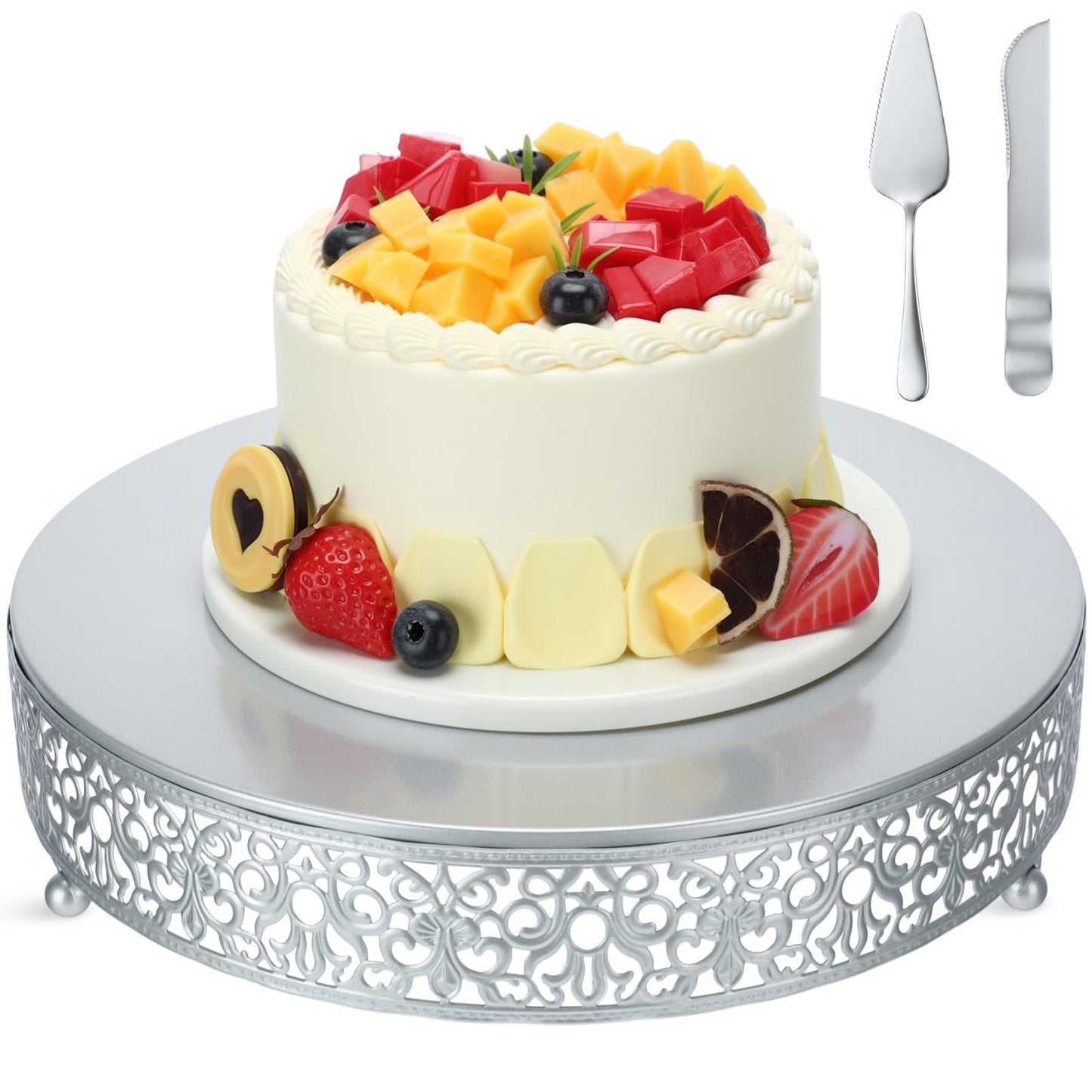 Wenqik 12 Inch Silver Cake Stand Set Metal Round Cupcake Dessert Stand with Cake Cutting, Spatula Wedding Cupcake Pastry Display Candy Holder Display for Wedding Party Birthday Baby Shower(Classic)
