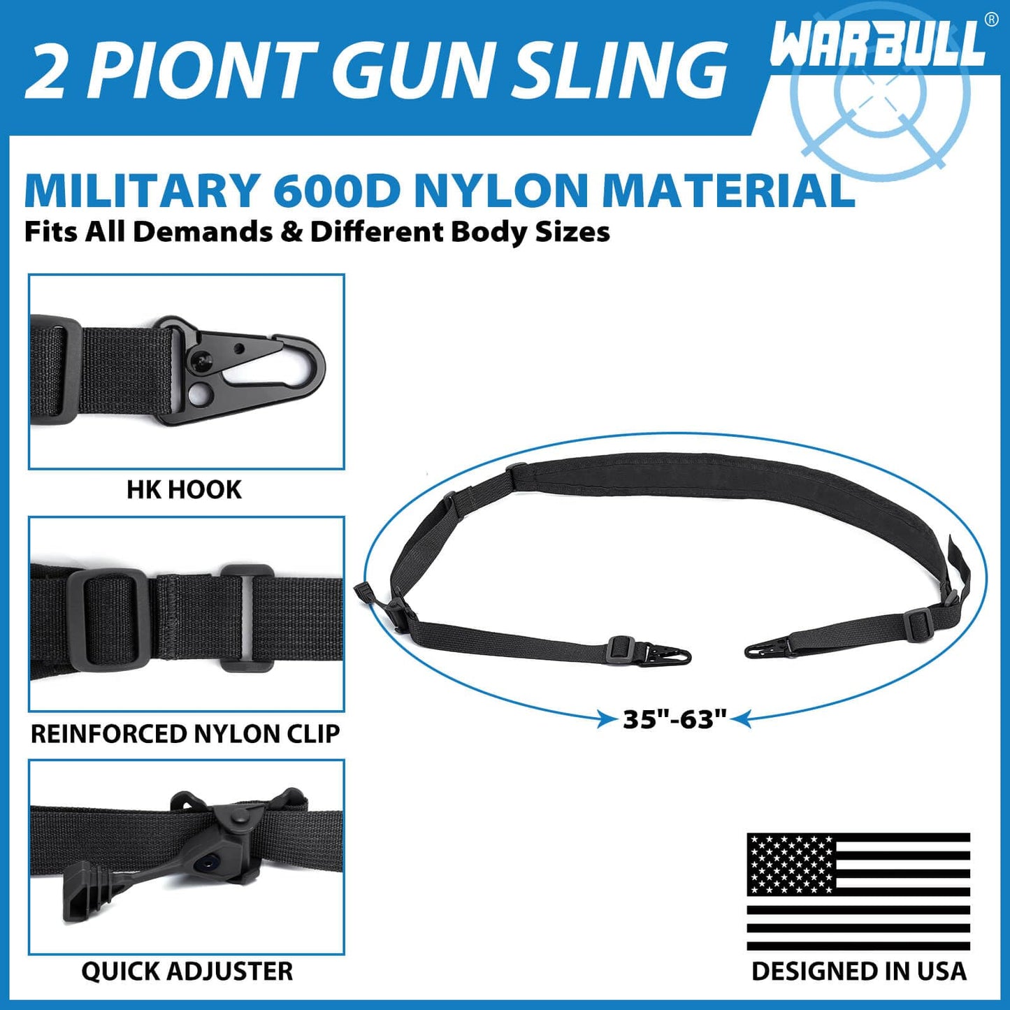 WarBull 2 Point Rifle Sling, QD Swivel Quick Adjust Gun Sling with HK Hook, Soft Shoulder Pad Tactical Rifle Sling for Rifle, Shotgun, Crossbow, Hunting and Outdoor Sports with Keychain Gift (Black)