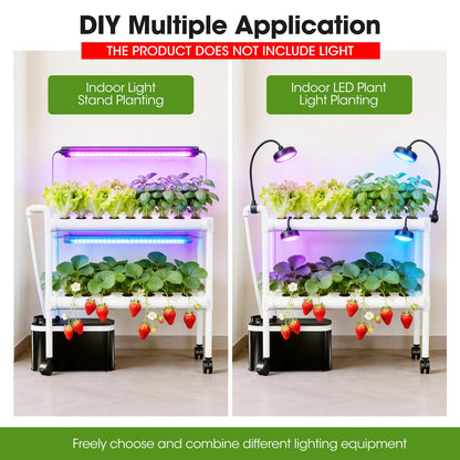 Hydroponics Growing System Kit with Wheels, 54 Plant Sites Gardening Aquaponics Tower, 2-Tier Food-Grade PVC-U Pipes Water Pump Timer for Leafy Vegetables, Indoor, Outdoor (33"x35"x14" in 54 Holes)