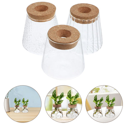 Operitacx 3pcs Hydroponic Glass Propagation Vases with Smooth, Hammered Vertical Texture Volcanic Neck and Wood Stopper, Indoor Plant Terrarium Set for Home and Office Décor