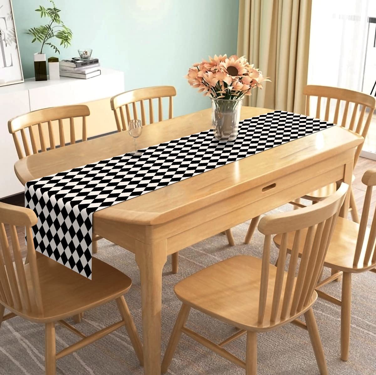Nepnuser Black and White Harlequin Table Runner 108 Inches Long Diamond Lattice Tea Themed Party Decorations Kitchen Dining Room Home Decorations