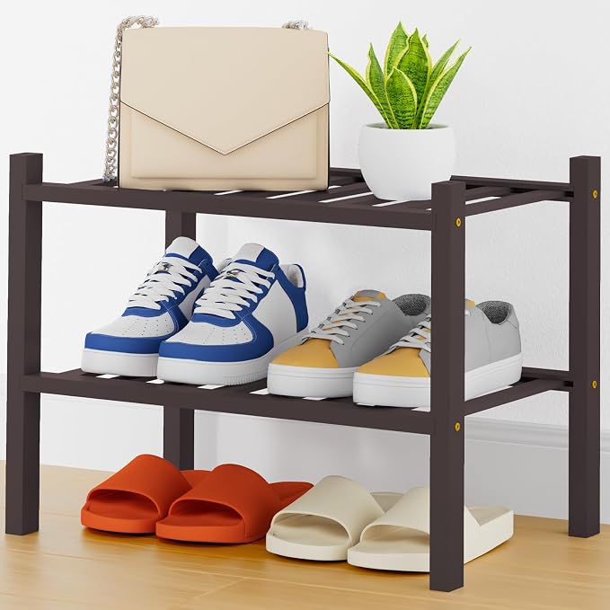 Smiry Small Bamboo Shoe Rack, 2 Tier Free Standing Wooden Shoe Organizer, Stackable Wood Shoe Storage Shelf for Closet, Entryway, 14 Vertical Slats, One-piece Heavy-Duty Legs, 17.3"x11"x13", Black