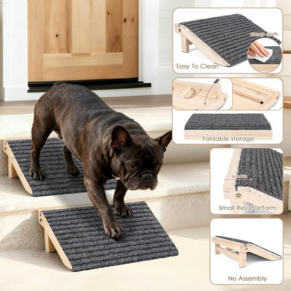 Foldable Dog Ramp for Stairs, Wooden Dog Stairs for Small Dogs | 4.2"H, 2 Pack, Up to 170 lbs, Assist Elderly/Injured Small Dogs, Anti-Slip Carpet Surface, Natural Solid Wood, No Assembly