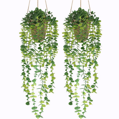 Nisoger Fake Hanging Plant with Woven Basket, 2 Pack Artificial Hanging Plants, Faux Vines Eucalyptus Leaf Hanging Pot Plant for Wall Home Room Indoor Outdoor Bedroom Bathroom Office Decor
