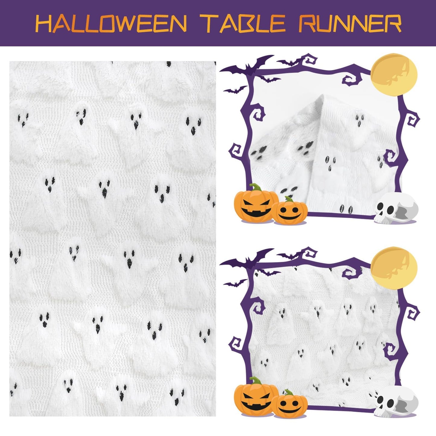 Halloween Table Runner 13x72 Inch Ghost Soft Plush Faux Fur Halloween Table Runner Hallowee Home Decor, Holiday Kitchen Dining Table Decoration for Home Party Decor