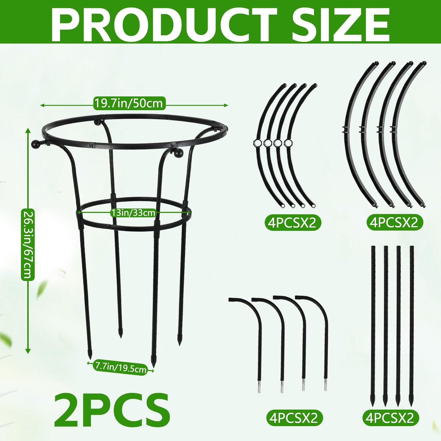 2 Pack Large Peony Cages and Supports, 26" H x 20" D Grow Through Plant Support Rings, Sturdy Garden Trellis, Plastic Rings with Stainless Steel Core Stakes for Peonies, Roses & Top-Heavy Blooms