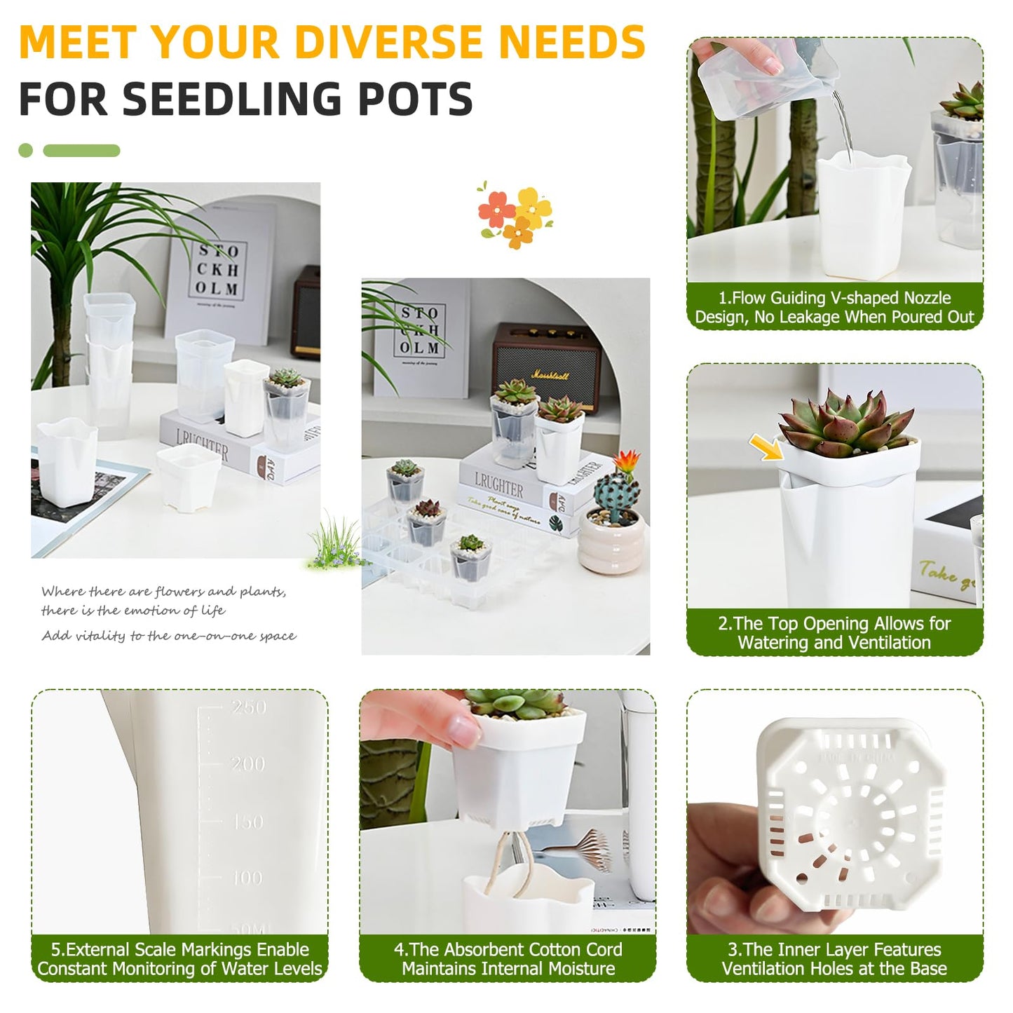 2.5" Small Self Watering Pots for Indoor Plants, 16 Pack Mini White Plastic Planters with Drainage Holes, Semi Hydroponic, Propagation, Cuttings, Seedlings, African Violets, 16 Plant Labels and Wicks