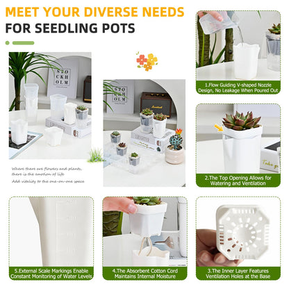 2.5" Small Self Watering Pots for Indoor Plants, 16 Pack Mini White Plastic Planters with Drainage Holes, Semi Hydroponic, Propagation, Cuttings, Seedlings, African Violets, 16 Plant Labels and Wicks