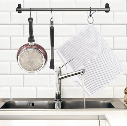 TIKNIK Silicone Dish Drying Mat for Kitchen Counter - Heat Resistant & Non-Slip Dish Drain Pad with Built-In Drain, Dishwasher Safe, Quick-Dry, Hangable & Roll-Up for Storage, White-2pcs, 20" x 15"