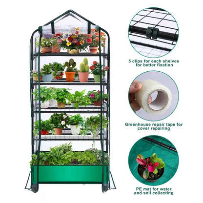 5 Tier Mini Greenhouse with Wheels for Indoor Outdoor, Portable Green House with PVC Cover and Shelves for Seedling, Greenhouse with Waterproof Mat and Cover Tape, Gardening Gifts for Women Men