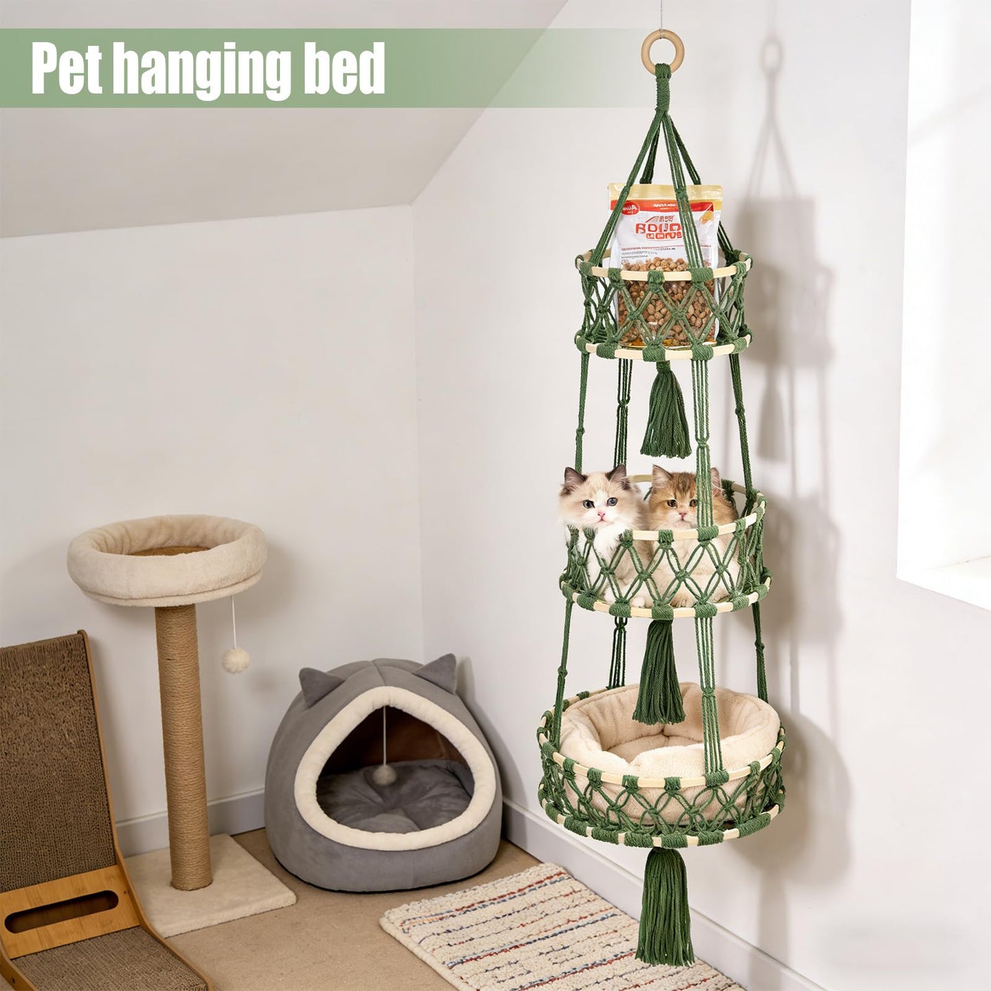 3 Tier Hanging Fruit Baskets for Kitchen, Macrame Plant Hanger Cotton Rope Handwoven Hammock Produce Storage Organizer Basket for Plants Holder, Vegetable, Onion, Potato (Green)