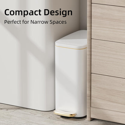 KUK Slim Bathroom Trash Can with Lid, 1.6 Gal / 6L Stainless Steel Small Garbage Bin with Detachable Inner Bucket, Step Pedal, Silent Close, Wastebasket for Toilet, Bedroom, Home, Office (White)