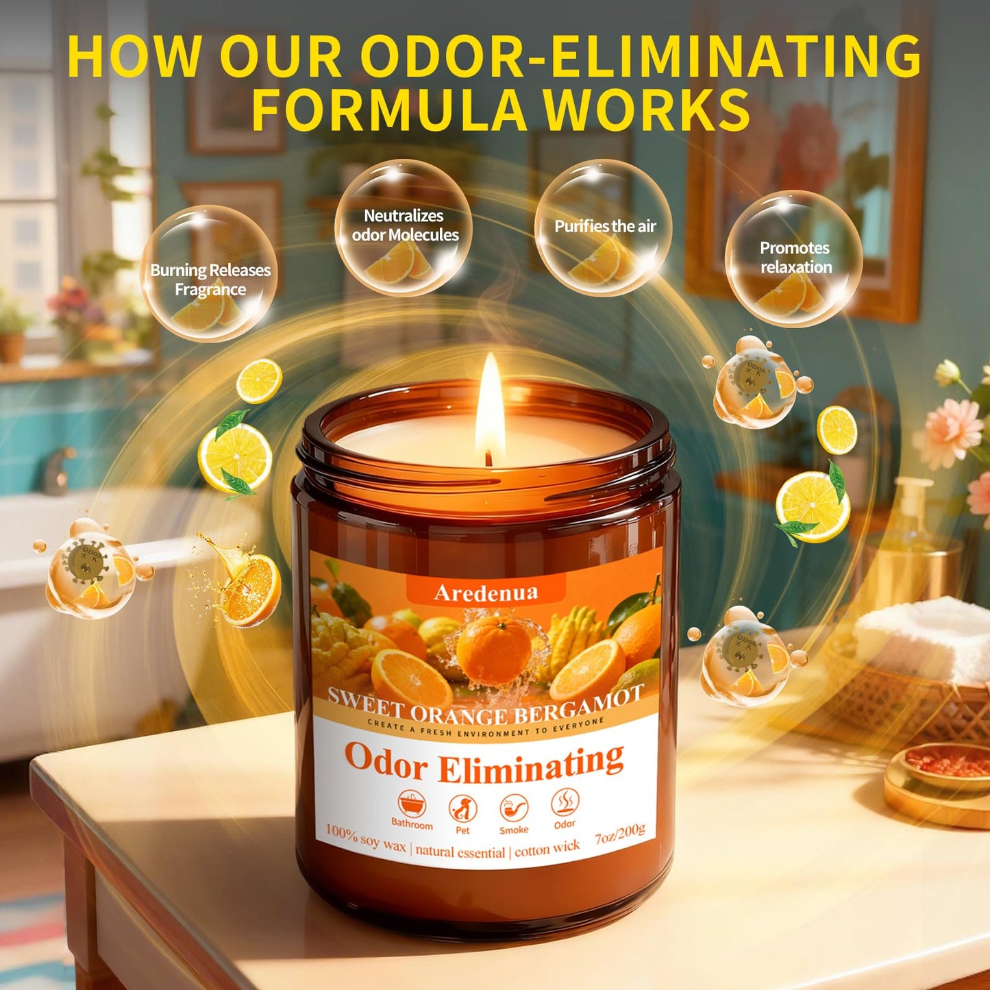 Aredenua Sweet Orange Bergamot Odor Eliminating Candle | Eliminates 95% of Pet, Smoke & Bathroom Odors | 7oz Hand Poured Non-Toxic Soy Candle | Air Freshening Scented Candle for Positive & Relaxation