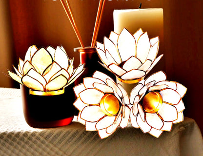 Contrast Natural White Capiz Shell Opening Lotus Flower Bulb Tealight Candle Holder, Tan, One Size