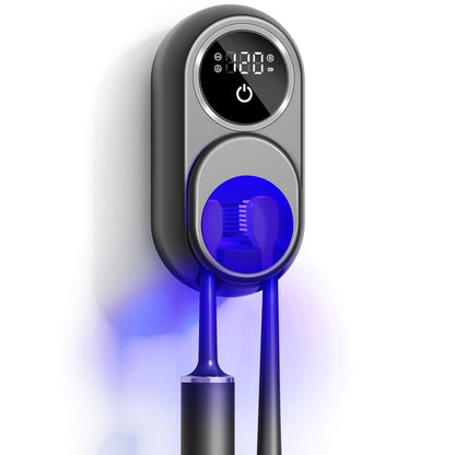 Cradiroses Black UV Toothbrush Sanitizer Holder - 2 Slots Auto-Sensor Wall-Mount with LED Smart Screen, Heated Fan Drying, Rechargeable for Bathroom