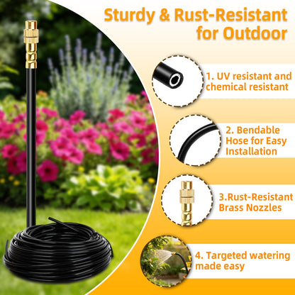 50FT Drip Irrigation System, 2026 Upgrade Garden Watering Kit with 12pcs 360° Adjustable Copper Nozzles, Automatic Atomizing Sprinkler System for Raised Beds, Lawn, Greenhouse, Outdoor Plants (50 ft)