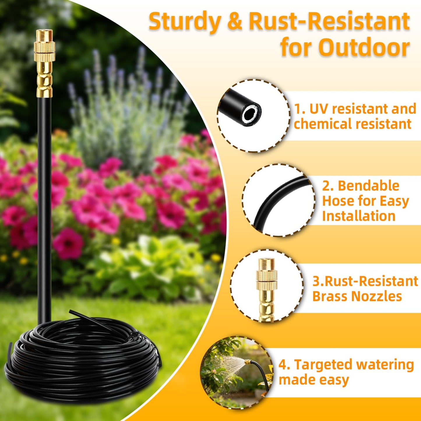 KUJIMIEDA 100FT 1/4" Drip Irrigation System, 2026 Upgrade Garden Irrigation Kit with 24pcs 360° Adjustable Copper Nozzles, DIY Watering System for Raised Beds, Yard, Lawn, Vegetable Gardens (100 ft)