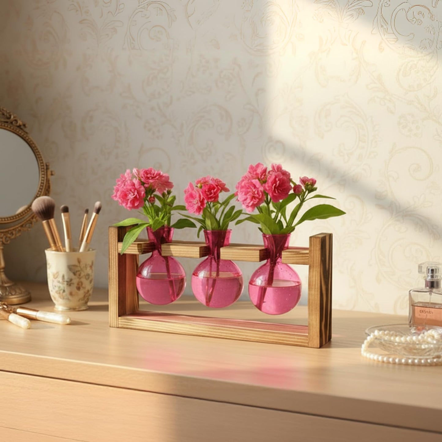 XXXFLOWER Glass Plant Terrarium Propagation Station, Gifts for Mom Plant Lovers Wife Daughter, 3 Bulb Glass Vase Plant Terrarium Tabletop for Hydroponics Home Office Indoor Decor (Pink)