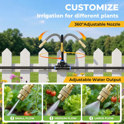 50FT Drip Irrigation Kit, 360° Adjustable Garden Watering System with 1/4" Tubing, Brass Misting Nozzles, DIY Irrigation System for Plants, Raised Beds, Greenhouse