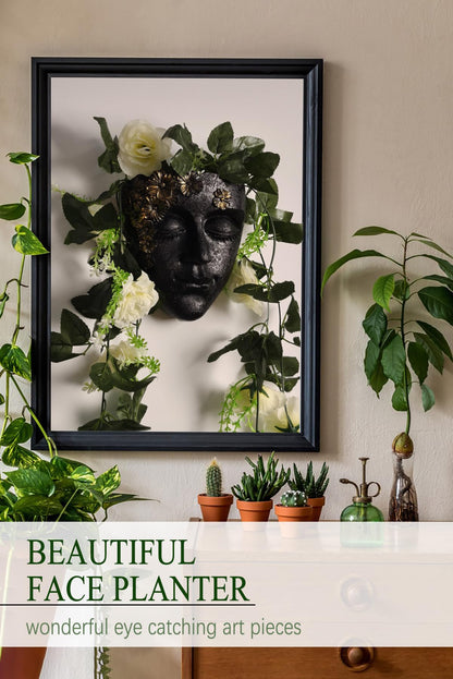KOXHERO Face Shape Wall Planter Elegant Black Resin Wall-Mounted Head Pot with Drainage Hole Unique Small Vase Holder for Flower,Succulents, Hanging Plants for Plant Lovers