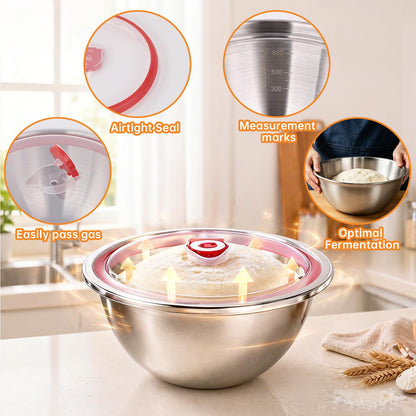 NOELNEXUS 3 PCS Pizza Dough Proofing Container Set, 27oz/40oz/60oz 304 Stackable Stainless Steel Proofing Box with Clear Lid, Includes Dough Scraper, Ideal for Bulk Fermentation of Sourdough & Bread