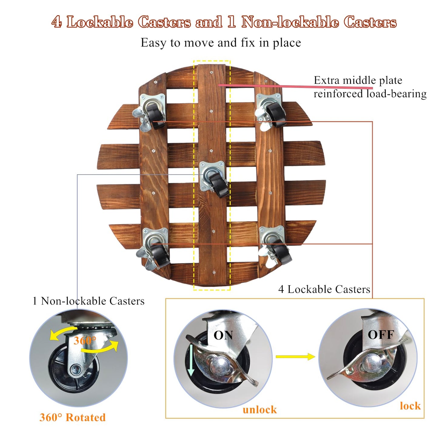 4 Pack Plant Caddy with 5 Wheels, Wood Rolling Plant Stand 220 LB Heavy Duty, Plant Dolly with Metal 360° Lockable Caster Wheels for Outdoor Indoor Large Plant Pots, Flower Pot, Patio (14"+14"+12"+12")