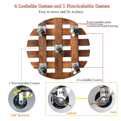 4 Pack Plant Caddy with 5 Wheels, Wood Rolling Plant Stand 220 LB Heavy Duty, Plant Dolly with Metal 360° Lockable Caster Wheels for Outdoor Indoor Large Plant Pots, Flower Pot, Patio (14"+14"+12"+12")