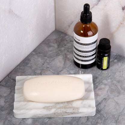 2PCS Koville Italian Natural Marble Soap Dish for Shower, Multi-Color Stone Soap Tray for Bathroom, Bar Soap Holder for Sink, Stripe Grooves Soap Saver Sponge Holder (White/Brown Random)