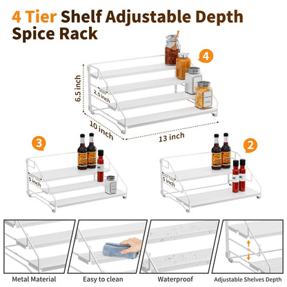 BOIVSHI Tiered Spice Rack, 4 Tier Spice Shelf Organizer for Cabinet, Spice Rack Organizer, Depth Adjustable Seasoning Rack Organizer for Cabinet, Countertop, Pantry, Metal, White (1 Pack)