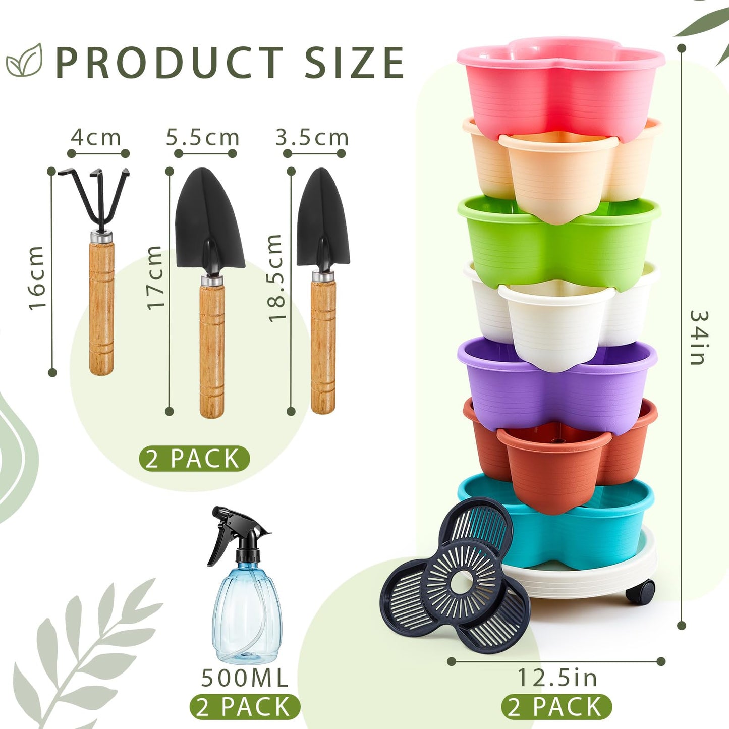 Umigy 2 Set Multicolor 7 Tier Stackable Vertical Planters with Removable Wheels and Tools Tower Planters Strawberry Herb Flower Vegetable Pots Indoor Outdoor Gardening Pots