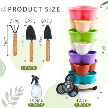 Umigy 2 Set Multicolor 7 Tier Stackable Vertical Planters with Removable Wheels and Tools Tower Planters Strawberry Herb Flower Vegetable Pots Indoor Outdoor Gardening Pots