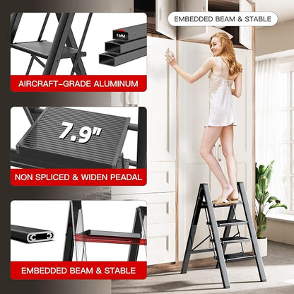 4 Step Ladder Folding Step Stool with Anti-Slip Sturdy and Wide Pedal for Adults&Elderly, Aluminum Portable Lightweight Stepladder for Home Kitchen Office, Black, 330lbs