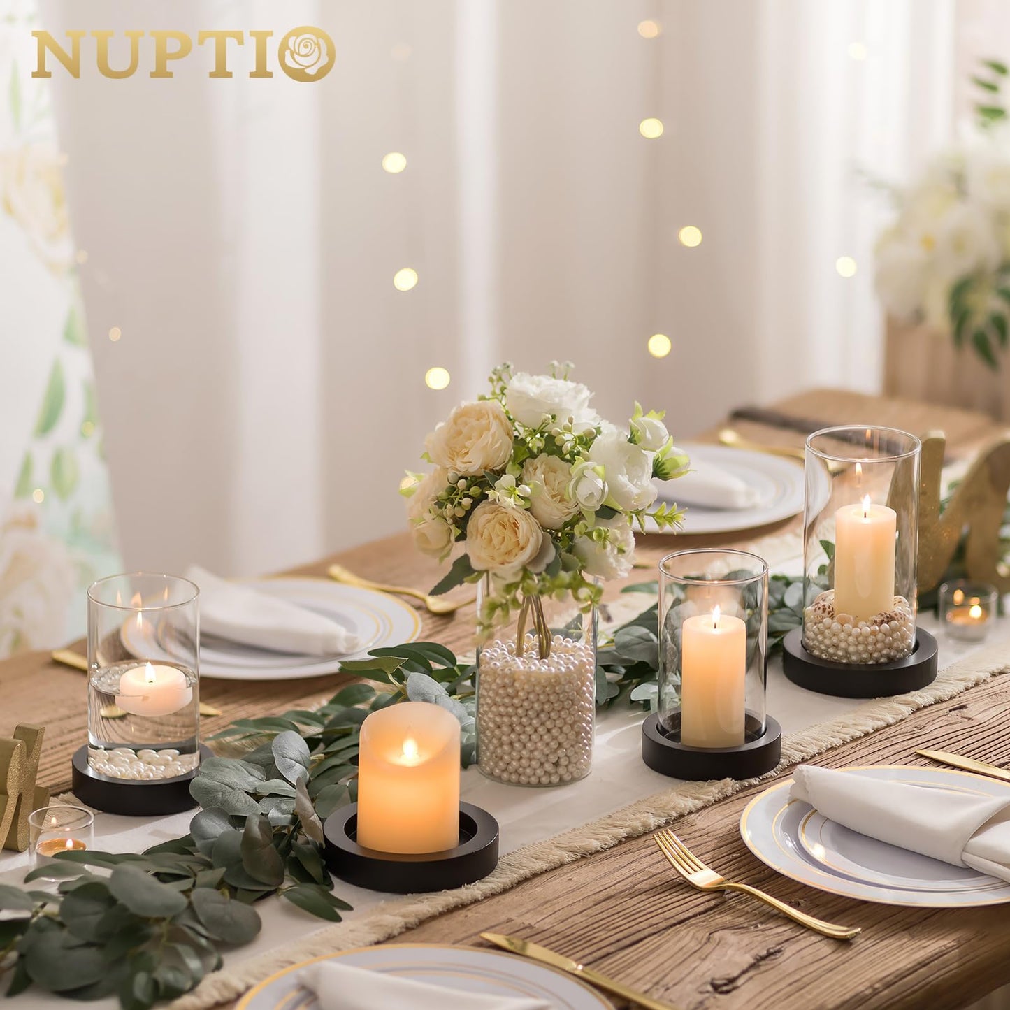 NUPTIO Wooden Candle Holders Pillar: Black Candle Tray with Round Hurricane Glass Vase - Set of 2 Cylinder Floating Candleholder for Home Halloween Thanksgiving Seasonal Decor