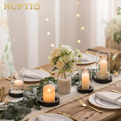 NUPTIO Wooden Candle Holders Pillar: Black Candle Tray with Round Hurricane Glass Vase - Set of 2 Cylinder Floating Candleholder for Home Halloween Thanksgiving Seasonal Decor