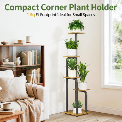 LASZOLA 5 Tiered Plant Stand Tall for Indoor Corner, Modern Multiple Flower Display Rack with Wooden Tray, Vertical Planter Shelf for Living Room Bedroom Patio Garden Balcony, Black