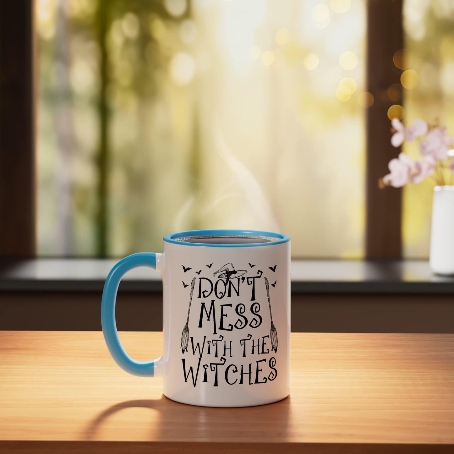 Don't Mess With The Witches Halloween Witch Trick Or Treat Ceramic Mug, Blue/White