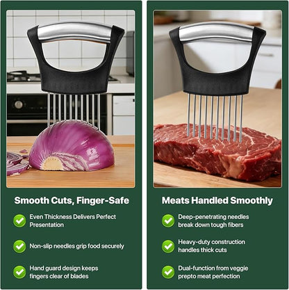 【2 PCS】Onion Slicer, Onion Holder for Slicing - Stainless Steel Vegetable & Fruit Cutter for Onions, Tomatoes, Potato, Avocado, Lemon, Eggs, Meat | Kitchen Chopper Gadget with Neat Guide & Tenderizer