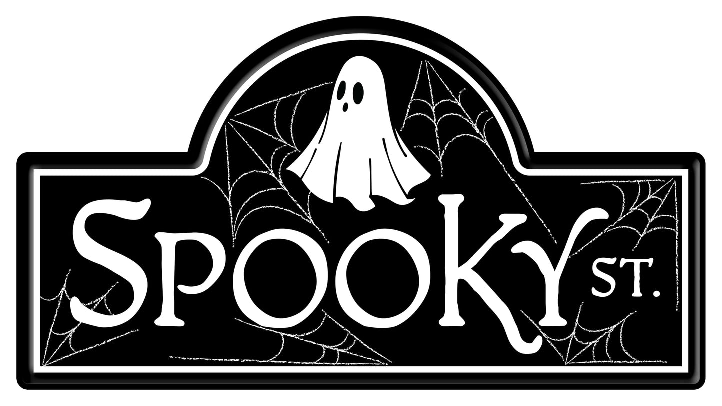 Craig Bachman "Spooky Street" Halloween Sign with Ghosts and Spiders, 15"L x 8"H, Black, White, Embossed Metal - For Wreath Accents, Crafts, and Decorations