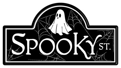 Craig Bachman "Spooky Street" Halloween Sign with Ghosts and Spiders, 15"L x 8"H, Black, White, Embossed Metal - For Wreath Accents, Crafts, and Decorations
