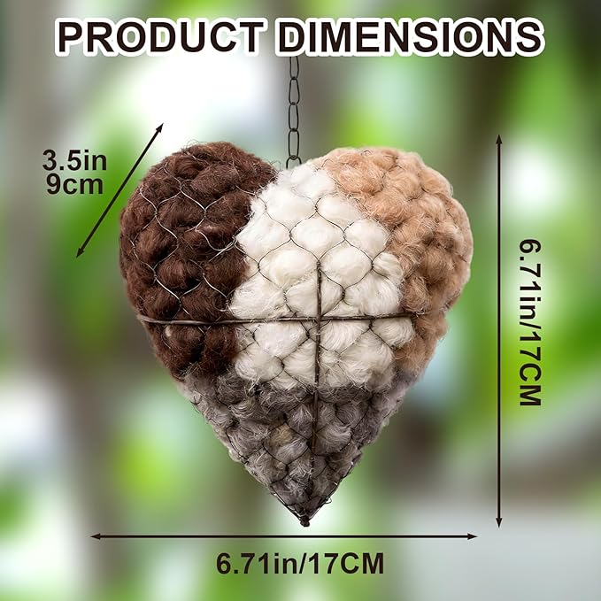 Handmade Alpaca Fiber Bird Nesting Heart,Natural Nesting Material Holder for Wild Birds, Hummingbirds & Chickadees, Cozy Winter Shelter & Garden Art Gift for Bird Lovers