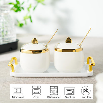 EABOSON Ceramic Sugar Bowl 2 Pack, Porcelain Seasoning Jar with Tray, Spoon and Lid for Sugar, Pepper, Coffee, Spice, Salt (Gold)