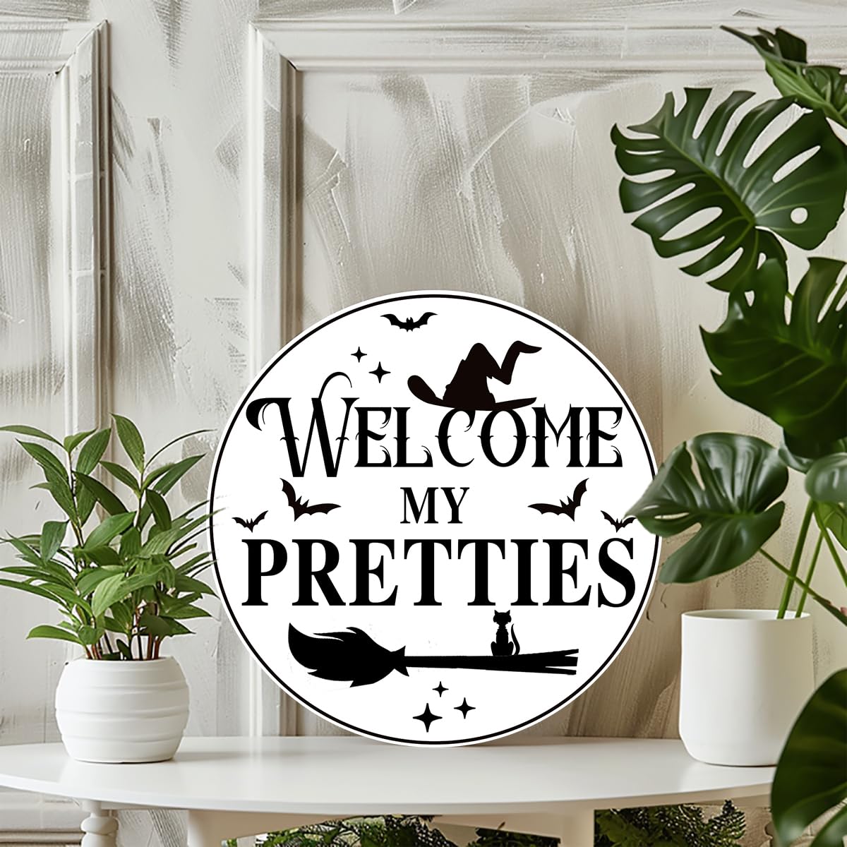Generic Welcome My Pretties Round Aluminum Sign Halloween Metal Tin Signs Autumn Witch Ghost Pumpkin Wall Decor Sign For Home Kitchen Cafe 8x8 Inch