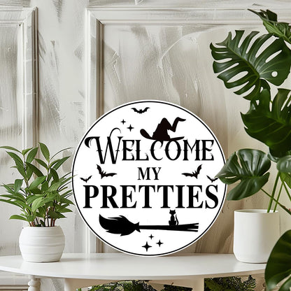 Generic Welcome My Pretties Round Aluminum Sign Halloween Metal Tin Signs Autumn Witch Ghost Pumpkin Wall Decor Sign For Home Kitchen Cafe 8x8 Inch