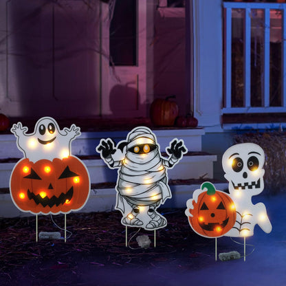Lighted Yard Signs for Halloween Props Yard Stakes Light Up Pumpkin Ghost Yard Sign with Stakes for Halloween Decorations Outdoor Lawn Decor Yard Decorations - 3PCS