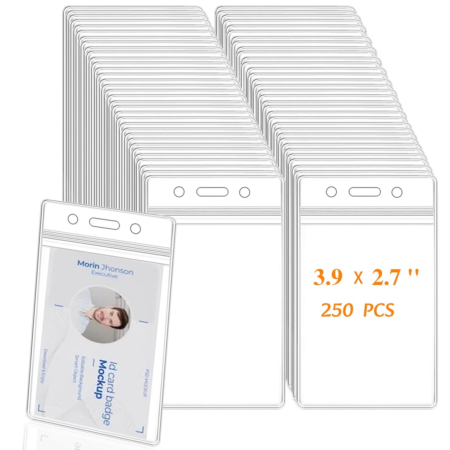 250 Pack Name ID Badge Holder-Plastic Badge Holder for Lanyard, Vertical Extra Thick 3.9" x 2.7" Waterproof Name tag Holder for School/Office/Hospital/Exhibition/Party/Cards Credit Card